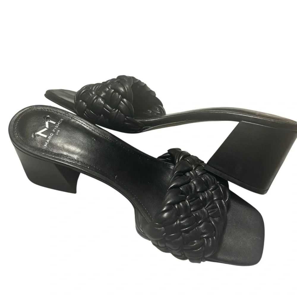 Marc Fisher Nahea Block Heel Black Leather Quilted Slides Sz 9